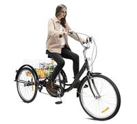24 Inch Adult Tricycle, with 8-Speed Rear Basket High-Carbon Steel Frame, Adjustable Seat & Handlebars, Safety Reflectors - Black and White Design for Commuting, Shopping, Leisure Exercise