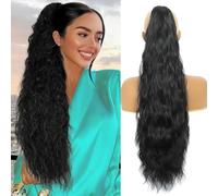 24 inch Black Ponytail Extension, Drawstring Ponytail for Women, Long Wavy Pony Tails Hair Extensions, Synthetic Hair Extensions Ponytail for Daily Use
