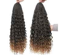 24 Inch Boho Box Braids Crochet Hair,Bohemian Curly Ends Messy Pre-looped Synthetic Hairs for Black Women(1B 27 Color,2Pcs)