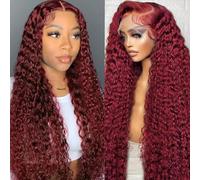 24 Inch Burgundy Lace Front Wigs Human Hair Wigs for Black Women 99J Deep Wave Wigs Glueless Wet and Wavy Red Colored Curly Human Hair Wig Pre Plucked 13x4 Transparent Lace Frontal Wigs 180% Density