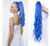 24 Inch Claw Clip in High Ponytail Extension Clip on Loose Wavy Fake Ponytails for Women Synthetic Pony Tails Hairpiece (Blue)