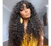 24 inch Kinky Curly Human Hair Wigs with Bangs None Lace Front Wigs Human Hair for Black Women 150% Density Machine Made Brazilian Virgin Hair Wigs Natural Color
