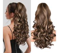 24 Inch Ponytail Extension, Clip on Ponytails for Women, Long Curly Wavy Ponytail Extensions for Women, Synthetic Layered Pony Tails Hair Extensions (Color: Chestnut Brown With Golden Highlights)