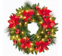 24-Inch Pre-Lit Christmas Wreath, Battery Operated with Warm White LEDs | Gold baubles, white poinsettias & warm white LEDs, battery operated for doors, walls, windows, mantels & festive displays