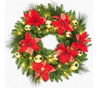 24-Inch Pre-Lit Christmas Wreath, Battery Operated with Warm White LEDs | Gold baubles, white poinsettias & warm white LEDs, battery operated for doors, walls, windows, mantels & festive displays