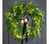 24 Inch Pre-Lit Norfolk Pine Christmas Wreath for Front Door, Artificial Plants Green Christmas Wreath with Lights, Velvet Ribbon, Natural Berries, Pinecones and Bells, Lighted Door Wreath