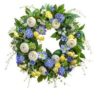 24 Inch Spring Wreath for Front Door, Artificial Hydrangea, Anemone & Wild Daisy Flowers with Berry Accents,Summer Wreath for Indoor Outdoor Decor (Blue and Yellow)