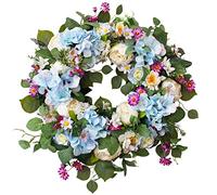 24 Inch Spring Wreaths for Front Door, Spring Wreath,Blue Hydrangea Wreath,Large Spring Summer Door Wreaths for Front Door Outside All Season Home Decor (Blue)