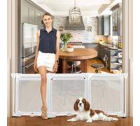 24 Inch Tall Dog Gate 3-Panel Free Standing Pet Gate with Suction Cups, 60" Wide Step Over Dog Gate Foldable Gate, No Drill Retractable Mesh Gate, Puppy Gates for Doorways, Stairs, Hallways, White