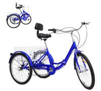 24 Inch Tricycle for Adults 7 Speed Adjustable Foldable Adult Trike Bike with Backrest 120KG Load 3 Wheel Bicycle for Adults Cruiser Bike with large Shopping Basket for Outdoor Sports Shopping (Blue)