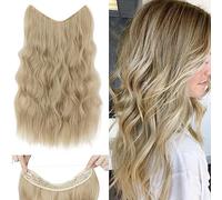 24 Inch Wire in Hair Extension Hidden Invisible Adjustable Wire Hair One Piece Wavy Curly Long Synthetic Hairpieces for Women Natural Heat Temperature Fiber Colour-Blond mixed Bleach Blond