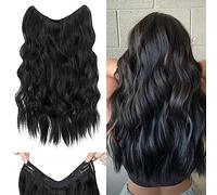 24 Inch Wire in Hair Extension Hidden Invisible Adjustable Wire Hair One Piece Wavy Curly Long Synthetic Hairpieces for Women Natural Heat Temperature Fiber Colour-Black