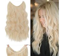 24 Inch Wire in Hair Extension Hidden Invisible Adjustable Wire Hair One Piece Wavy Curly Long Synthetic Hairpieces for Women Natural Heat Temperature Fiber Colour-Bleach Blond