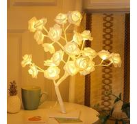 24 LED Simulated Rose Tree Table Lamp Warm White Fairy Flowers with Switch Romantic Tabletop Light for Bedroom Living Room Party Wedding Valentine's Day USB Powered