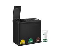 SONGMICS LTB24BK Small Volume Kitchen Waste Sorting Bin with Lids, Triple Steel Bin for Small Families, Pedals and Buckets, Easy to Clean, Black, 3 x 8L