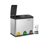 SONGMICS Pedal Bin, 3 x 8 L Small-Capacity Metal Rubbish Bin, Trash Bin for Kitchen, Waste Separation and Recycling, Includes 15 Bin Bags, Steel, for Small Families, Silver LTB24L