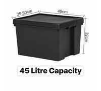 Wham Bam Upcycled Heavy Duty Black 45L Medium Plastic Stackable Storage Box With Lid