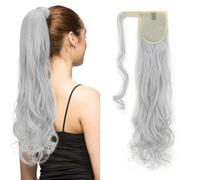 24" Long Curly Wavy Wrap Around Ponytail Clip in Hair Extensions One Piece Hairpiece Magic Tape in Pony Tail Extension for Women Silver Gray