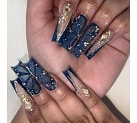 24% Long Square Artificial Nail Rhinestone Pressed Nail Stylish Stick Full Cover Acrylic Nail Party Prep