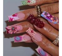 24% Long Square Pressed Nail Flower Nail Pin French Tip Full Cover Acrylic Easy Application Artificial Application