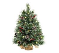 24" Mini Christmas Trees with Flocked Pine Needles, Pine Cones, Berries Decoration, 2 Ft Decorated Burlap Trees with 25 Led Lights, Kitchen Tabletop Artificial Pre Lit Christmas Tree