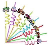 24 Monster Truck Party Car Reusable Styling Straws for Monster Truck Car Birthday Party Supplies with 2 Cleaning Brushes