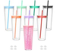 24 Oz Acrylic Snowglobe Tumbler, 8 Pack Pre-Drilled Double Wall Plastic Snowglobe Cup for Glitter Snow Globe DIY, Colorful Lid