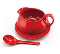 24 Oz Gravy Boat | Ceramic White Gravy Dish Set | Includes Gravy Boat, Saucer and Spoon (Red)