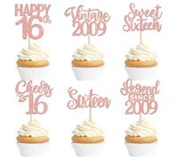 24 Pack 16th Birthday Cupcake Toppers Glitter Sweet Sixteen Happy 16th Vintage 2009 Legend Since 2009 Cupcake Picks for Cheers to 16 Birthday Anniversary Party Cake Decorations Supplies