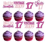 24 Pack 17th Birthday Cupcake Toppers Glitter 17 Hello Seventeen Vintage 2009 Cupcake Picks Cheers to 17 Cake Decorations for 17 Fabulous 17th Birrthday Party Cake Decoration Bright Rose Red