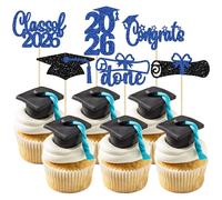 24 Pack 2026 Graduation Done Cupcake Toppers Blue Glitter Congrats Class of 2026 Diploma Grad Cap Cupcake Picks 2026 Done Cake Decoratiosn for 2026 Graduation Theme Party Supplies