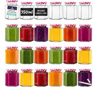 24 Pack 350Ml Hexagonal Glass Jars With Airtight Gingham Lids For Jam Pickles Spices Sauces Crafts Storage Gifts Preserving