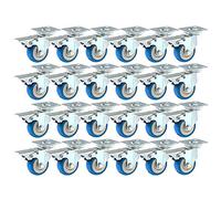 24 Pack 50mm Up to 100KG Heavy Duty Polyurethane Blue Castor Wheels With Brake, Rubber Base with Top Plate & Bearing 2 Inch Caster Wheels for DIY, Furniture Trolley Wheels