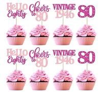 24 Pack 80th Birthday Cupcake Toppers Glitter 80 Hello Eighty Vintage 1946 Cupcake Picks Cheers to 80 Cake Decorations for 80 Fabulous 80th Birrthday Party Cake Decoration Bright Rose Red