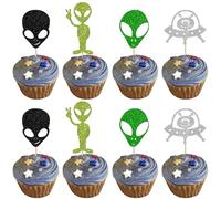 24 Pack Alien Cupcake toppers Glitter Alien Head Silhouette Cupcake Picks ET UFO Space Invaders Outer Space Cake Decorations for For Alien Theme Gender Reveal Baby Shower Birthday Supplies Colorful