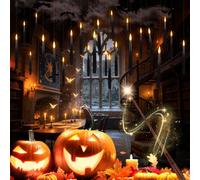 24 Pack Black Flameless Floating Candles with Wand Remote, Magic LED Hanging Taper Candles, Flickering Battery Operated Suspended Candlesticks for Halloween Decor, Gothic Wedding, Spooky Party & Haunt