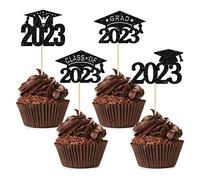 24 Pack Black Glitter 2023 Graduation Cap Cupcake Toppers Class of 2023 Grad Cap Cupcake Picks for 2023 Graduation Theme Party Cake Decorations Supplies