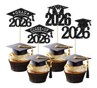 24 Pack Black Glitter 2026 Graduation Cap Cupcake Toppers Class of 2026 Grad Cap Cupcake Picks for 2026 Graduation Theme Party Cake Decorations Supplies