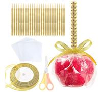 24 Pack Bling Candy Apple Sticks and Bags Kit - Caramel Apple Wooden Skewers with Clear Bags & Glitter Ribbons for Rice Krispie Treats, Cake Pops, Cookies, Corn Dogs, Party Favors (Gold)