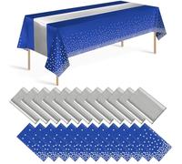 24 Pack Blue and Silver Tablecloth and Table Runner Party Decorations, Blue and Silver Plastic Disposable Tablecloth and Satin Table Runner for Wedding Birthday Bridal Graduation Anniversary Party