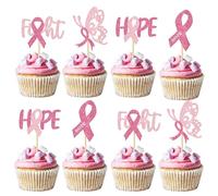 24 Pack Breast Cancer Awareness Cupcake Toppers Glitter Pink Ribbon Fight Beliveve Hope Cupcake Picks for Believe Hope Pink Ribbon Party Cake Decorations Supplies