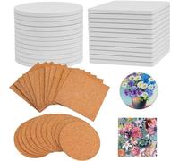24 Pack Ceramic Tiles for Crafts, Unglazed Blank Coasters Paint Your Own Coasters White Tiles with 24 Cork Backings for Ink, Painting, Acrylic Pouring, 10 cm, Square + Round