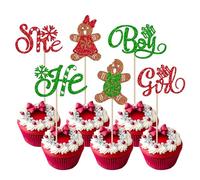 24 Pack Christmas He or She Cupcake Toppera Christmas Boys or Girls Cupcake Picks Gender Reveal Gingerbread Man Cake Decorations for Xmas Theme Baby Shower Gender Reveal Birthday Party Supplies
