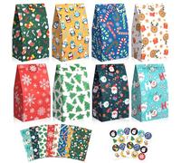 24-Pack Christmas Paper Gift Bags Bulk - 8 Festive Designs (Santa, Snowman, Tree) Xmas Goodie Bags with Stickers for Holiday Presents, Party Favors, Stocking Stuffers & Classroom Treats, 22x12x8 cm