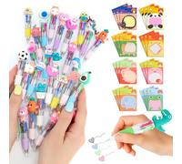 24 Pack Cute Multicolour 4-in-1 Pens and Animal Sticky Notes Set, Kawaii Ballpoint Pens for Boys and Girls, Party Bag Fillers, Classroom Prizes and Fun Stationery Gifts for School and Office