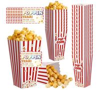 24 Pack End of Year Gift Popcorn Paper Boxes Red-White Striped Classic Popcorn Containers Buckets with Cards Reusable Open-Top Popcorn Bags for Movie Night Supplies, School Graduation Party
