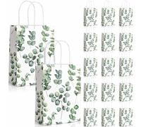 24 Pack Eucalyptus Paper Gift Bags with Handles Greenery Watercolor Green Leaf Paper Gift Bags Bulk Candy Goodie Treat Bags for Spring Wedding Birthday Baby Shower Party Favor Supplies