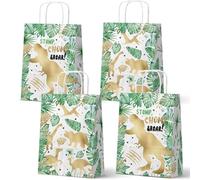 24 Pack Gold Dinosaur Party Gift Bags, Jungle Dino Paper Favor Bags with Handles, Stomp Chomp Roar Birthday Party Supplies for Kids