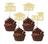 24 Pack Gold Glitter 2023 Graduation Cap Cupcake Toppers Class of 2023 Grad Cap Cupcake Picks for 2023 Graduation Theme Party Cake Decorations Supplies