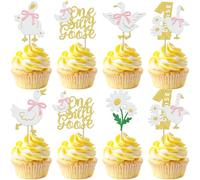 24 Pack Goose 1st Birthday Cupcake Toppers One Silly Goose Cupcake Picks Goose Cake Decorations for Animal Theme Baby Shower First Birthday Party Supplies Gold